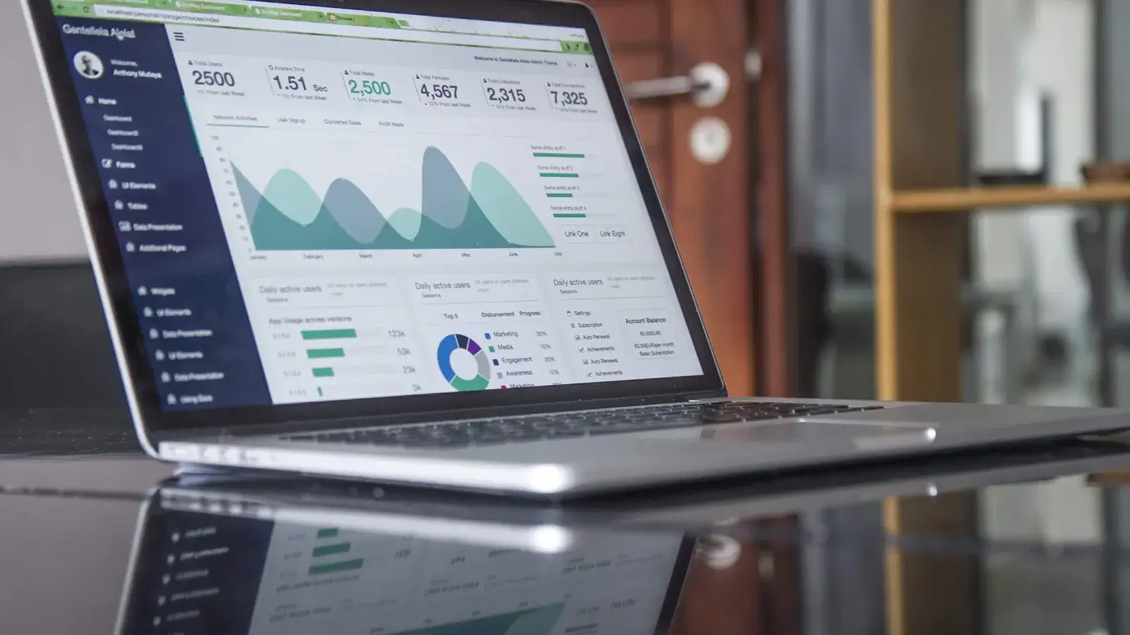Laptop on a glossy table showing line and bar charts on a dashboard