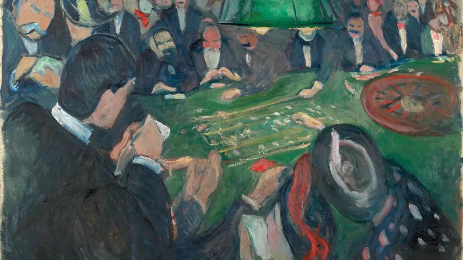 Edvard Munch, At the Roulette Table in Monte Carlo (1892): players crowd a green roulette table under a lamp