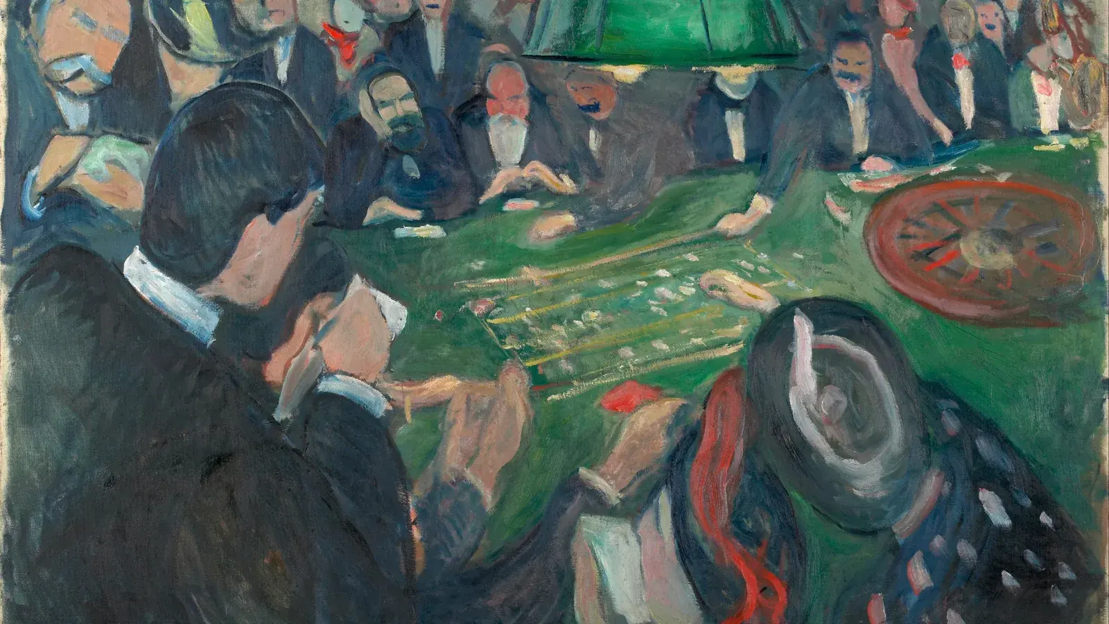 Edvard Munch, At the Roulette Table in Monte Carlo (1892): players crowd a green roulette table under a lamp