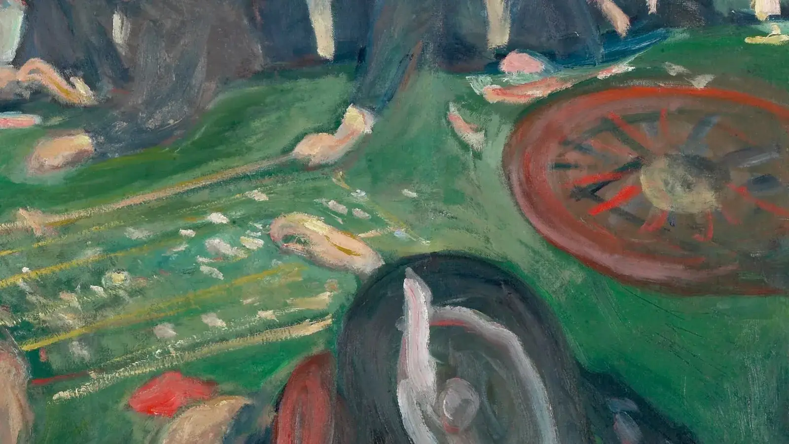 Detail of Edvard Munch, At the Roulette Table in Monte Carlo (1892): the red roulette wheel on the green table